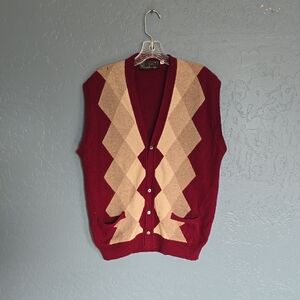 Cashmere Red and Beige Argyle Sweater Vest Missing 1 Button